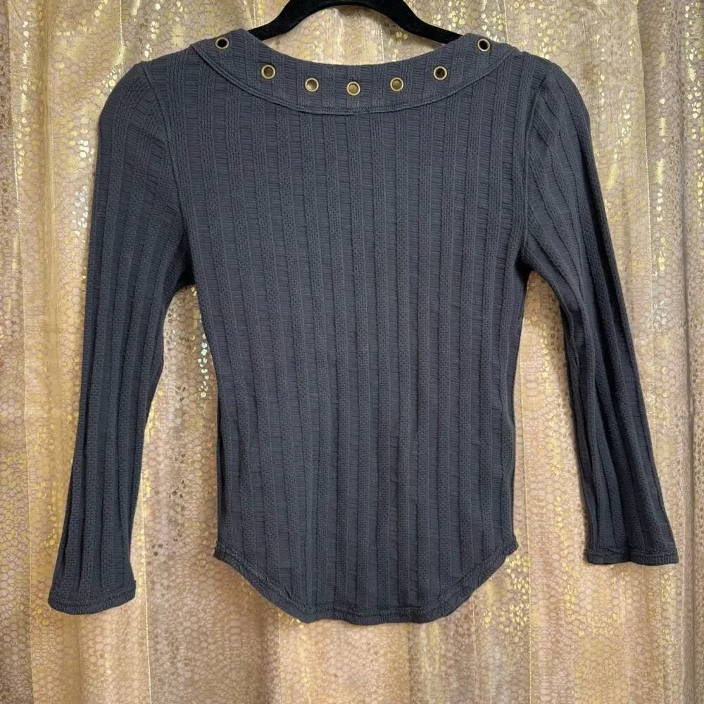 Free People Ice Cold Lace Up Grommets Blue Gray Ribbed Quarter Sleeve Top XS